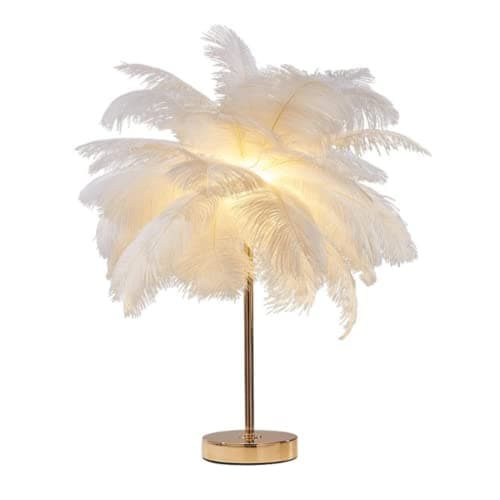 Image of DUNMW Creative White Ostrich Feather Table Lamp Bedside Lamp Light Luxury and Elegant Lampshade Night Light Table Lighting for Living Room Bedroom Home Decoration