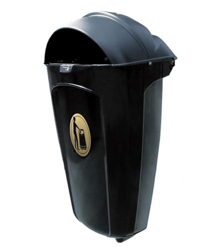 Image of Glasdon Super Trimline 50 HSL Outdoor Litter Bin (Black & Gold) with Sack Retention System – 50-Litre Large Hooded External Waste Bin – Wall Mounted