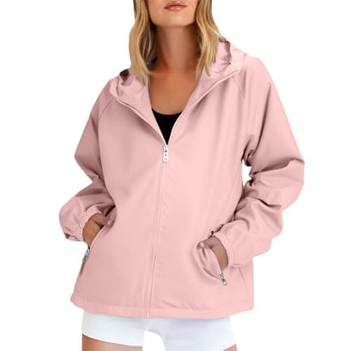 Image of Women's Lightweight Rain Jackets Hooded Breathable Packable Running Raincoats Full Body Front Zip With Pockets Solid Color Windbreaker Waterproof Jacket for Cycling (Pink, M)