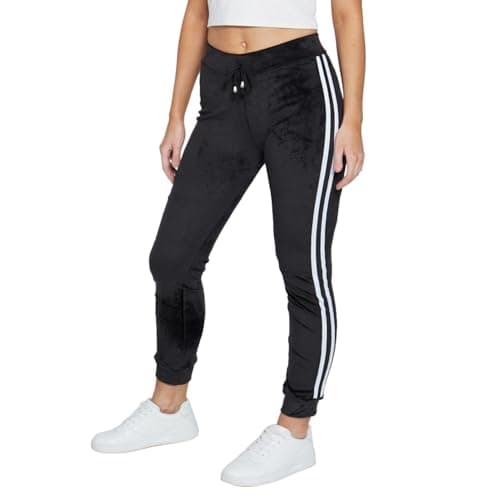 Image of Women's Velour Jogger Sweatpants – Soft Velvet Tracksuit Bottoms with Side Stripes, High Rise, Elastic Waistband (8-14) Black