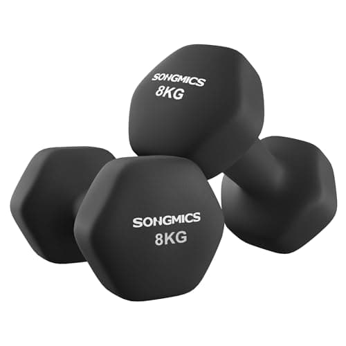 Image of SONGMICS Set of 2 Dumbbells, 2 x 8 kg Hand Weights with Neoprene Coating, Hexagonal Dumbbells Pair, Home Workout, Fitness Training Exercise, Ink Black SYL180B01