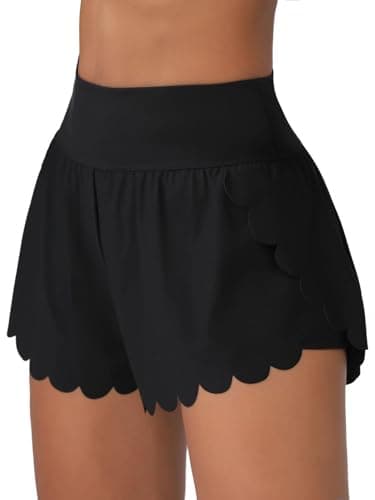 Image of ATTRACO Women Scalloped Swim Bottom High Waist 2 in 1 Swim Shorts Solid Black L
