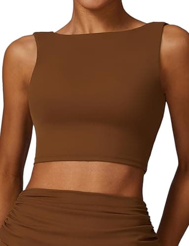 Image of Women's Workout Bra Low Impact Yoga Bra Sexy Open Back Longline Sport Bra Crop Top Cap Sleeve Gym T Shirts with Built in Bra Brown XL