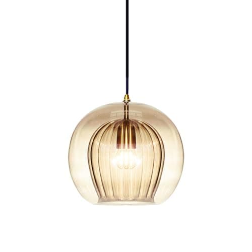 Image of S-Cevada Stunning Double-Layer Glass Ball Pendant Light in Brass Finish, Retro E27 Loft Bar Globe Ceiling Hanging Lamp Indoor Lighting for Bedroom Dining Room (Amber, 20cm)