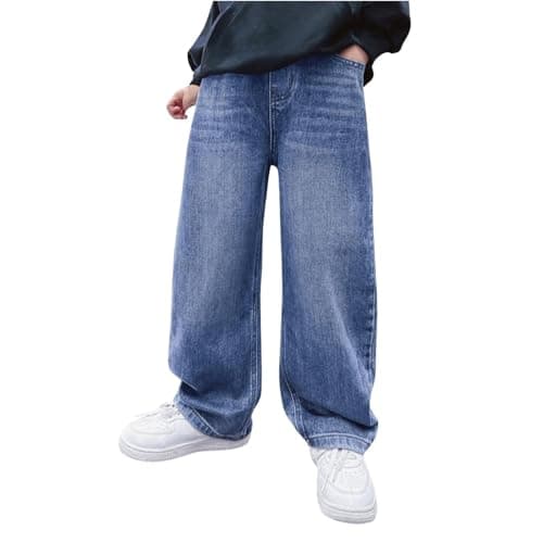 Image of Baggy Jeans Boys Casual Wide Leg Jeans Elastic Waist Children's Denim Trousers Straight Fit Fashion Streetwear Trousers Loose Fit Denim Pants (UK, Age, 9 Years, 10 Years, Regular, 03-Light Blue)