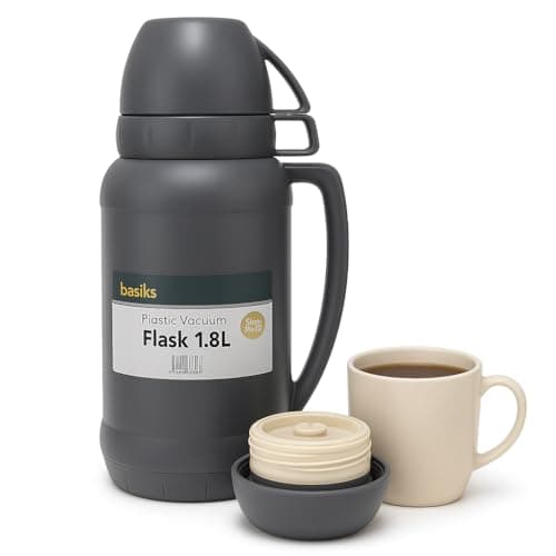 Image of Thermal Flask 1.8L | Glass Lined Insulated Vacuum Flask with 2 Cups | Keeps Drinks Hot for 12 Hours & Cold for 24 Hours | Ideal for Travel, Work, Camping & Outdoor Use