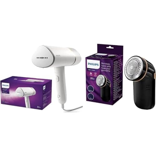 Image of Philips Handheld Steamer 3000 Series, Compact and Foldable, 1000W, up to 20g/min, STH3020/16, White & Philips Fabric Shaver, quick and effective removal of pills and bobbles,Black - GC026/80