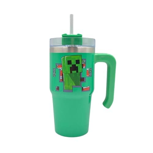 Image of Minecraft 600ml Creeper Thermal Mug Water Bottle + Straw & Lid | Leak Proof Travel Cup | Stainless Steel Vacuum Insulated + Handle - Cold 17Hrs - Hot 5Hrs, Green