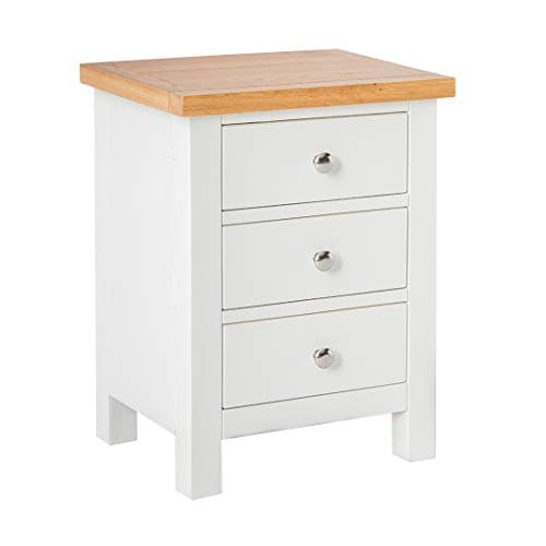 Image of RoselandFurniture Farro White Bedside Table Quality 3 Drawer Bedside Cabinet with Oak Top | Fully Assembled Painted Solid Wooden Side End Nightstand for Bedroom, Bathroom, and Hallway