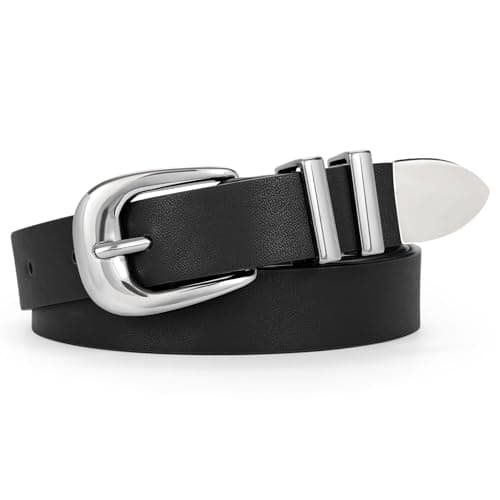 Image of WERFORU Women Fashion Leather Waist Belt for Pants Jeans Ladies Western Thin Belt with Silver Buckle Black