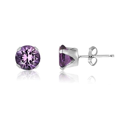 Image of AMETHYST PURPLE 3MM Classic Brilliant Round Cut Cubic Zirconia (CZ) Sterling Silver Birthstone Stud Earrings/Ear Studs for Women Ladies Girls - 925 Sterling Silver. 3-AMET