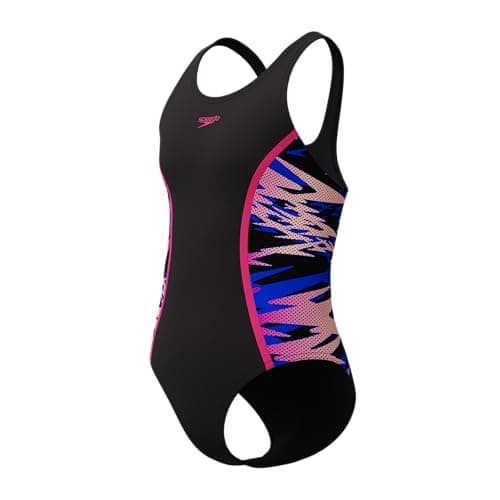 Image of Speedo Girls Hyperboom Splice Muscleback Swimsuit Swimming Costume Anthracite/Margarita Pink Size 7-8 Years