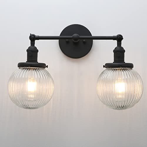 Image of Yosoan Industrial Glass Ribbed 2-Lights Wall Sconces, Modern Wall Light with Globe Lampshade,Switched Bedside Wall Light for Bedroom, Kitchen, Living Room (Black)