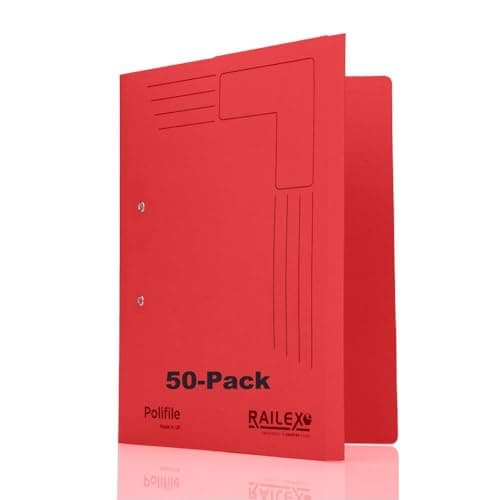 Image of Railex Polifile A4 Folder - Ruby Pack of 50 for Paperwork A4, Lever Arch File and Ring Binder Alternatives with Flexible Spine and Document Wallet, Cardboard Folders with Durable Plastic Prong
