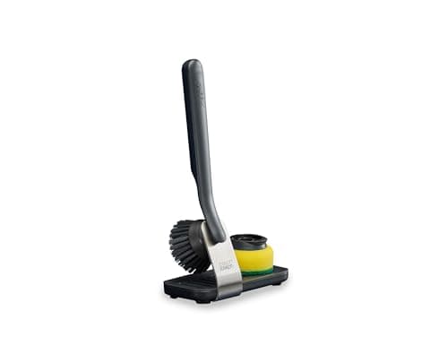 Image of Joseph Joseph SinkTech Dish Brush and Sponge Set with Large Stainless-Steel Storage Stand, Durable Bristles, Replaceable Heads
