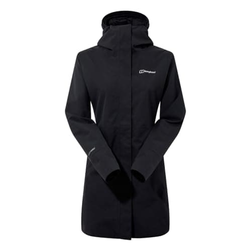 Image of Berghaus Women's Omeara Long Length Waterproof Shell Jacket | Adjustable Fit | Two-Way Zip Waterproof Jacket, Black/Black, 14