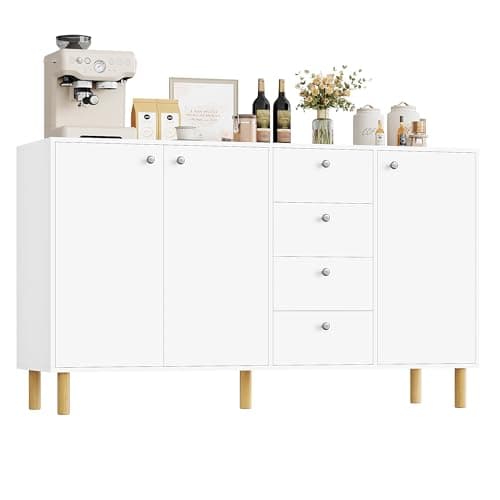 Image of FirFurd Sideboard 140cm White Sideboard Storage Cabinet Freestanding Kitchen Cabinet with 4 Drawers 3 Doors & Adjustable Shelves for Living Room 140x40x80cm Wooden