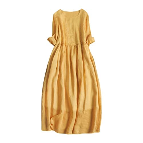 Image of Zeiayuas Summer Maxi Dresses for Women UK Italian Linen Dresses Solid Tunic Dresses Long Sleeve Round Neck Casual Dresses Elegant Baggy Pullover Dresses Party Work Dresses Clearance Yellow
