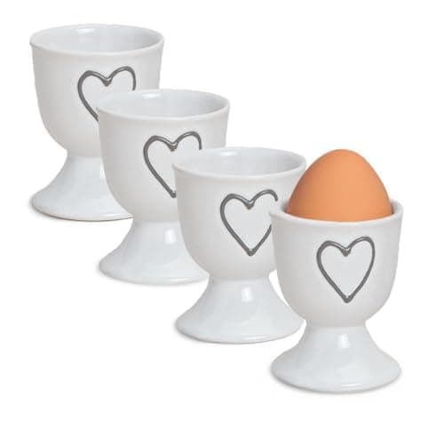 Image of Colourful Country House Style Egg Cups Set of 4 White Round Ceramic Breakfast Eggs Hearts Coasters