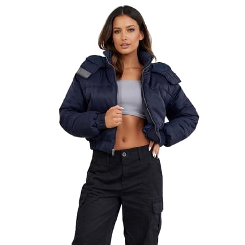 Image of kraftd Ladies Hooded Puffer Jacket – Women’s Winter Quilted Jacket with Hood, Lightweight Warm Padded Coat, Zip up Insulated Outerwear for Cold Weather Navy Blue - L (UK 14)