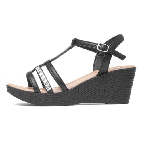 Image of Lilley Womens Black Wedge Diamante T-Bar Sandal - Size 7 UK - Black
