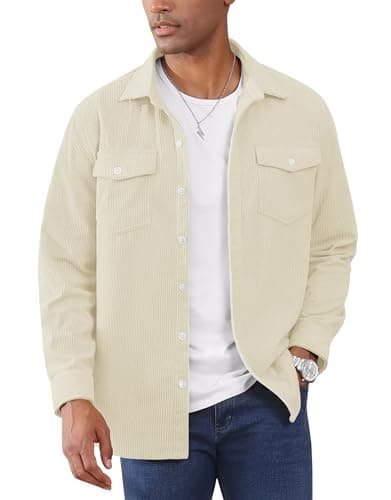Image of EKLENTSON Mens Long Sleeve Shirts Casual Corduroy Shirt Loose Button Down Shacket Jacket Trucker Jacket for Men Beige L