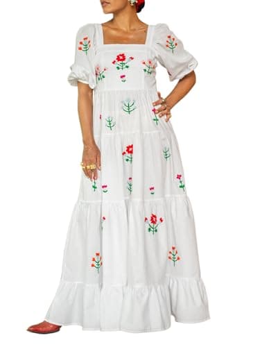 Image of Acrawnni Women's White Flower Embroidered Maxi Dress L, Square Neck, Smocked Tiered, Bohemian, 3D Embroidered Flowers, Summer, Casual, Adult Women