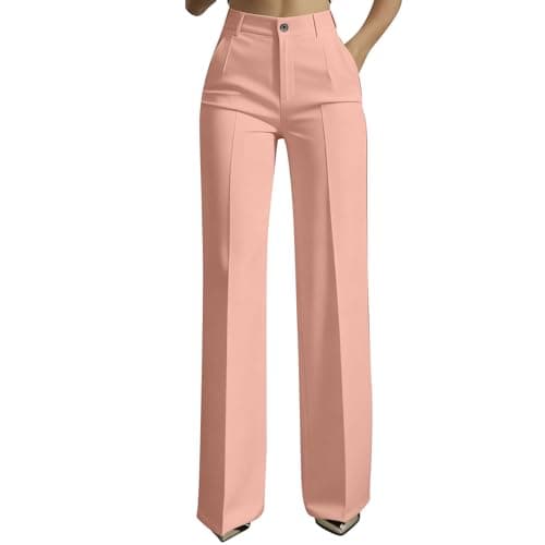 Image of Women's Trousers Ladies Formal Work Office Smart Dressy Pant Casual Elegant Elastic Waist Bootcut Tailored Straight Wide Leg Long Pant Slim Fit Flared Stretch Bottom Pockets Yoga Business Pink L