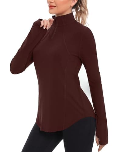 Image of Crewhpo Gym Tops Women Long Sleeve 1/4 Zip Running T-Shirt Golf Polo Shirts Workout Hiking Cycling Yoga Top Quick Dry Activewear with Thumb Holes Red