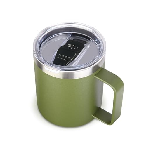 Image of Volhoply 14oz Insulated Stainless Steel Coffee Mug with Leakproof Lid,Double Wall Vacuum Travel Coffee Cup with Handle,Reusable Metal Tumbler,Camping Mugs Keep Hot,Christmas Gifts(Army Green,1)