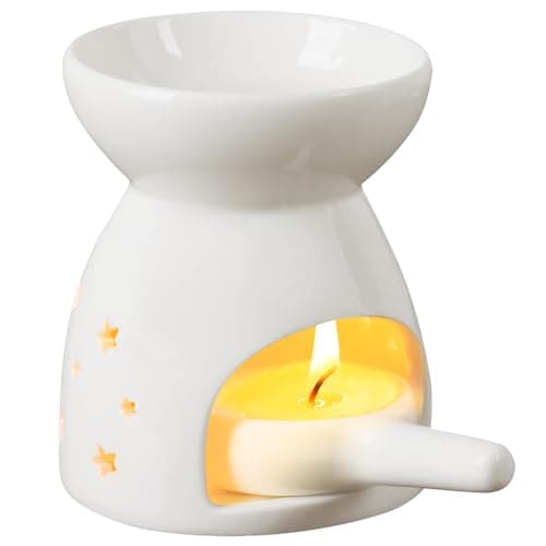 Image of TRIXES Ceramic Wax Melt Warmer Essential Oil Burner – Tealight Candle Holder – White with Star Cut-outs – For Meditation & Relaxation – Decorative Gifts for the Home