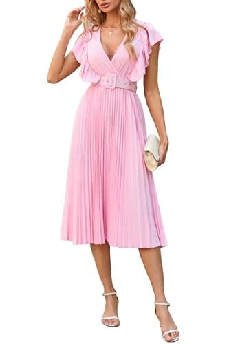 Image of VERWIN Ruffle Sleeve Womens' Midi Dress Sleeveless Pleated Plain Belted Dress V Neck Casual Party Cocktail Evening Dress L Pink