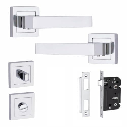 Image of Golden Grace Premium Delta Design Bathroom Door Handles Set on Square Rose in Polished Chrome Finish