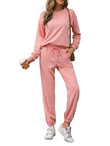Image of REORIA Womens Long Sleeve Crewneck Solid Color Two Piece Outfit Hoodie Jogger Tracksuit Set Sweatshirt & Sweatpants Pink S