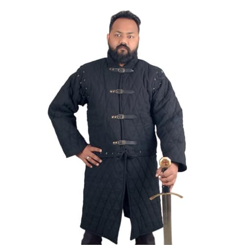 Image of The Medievals Thick Padded Full Sleeves Gambeson Coat Aketon Jacket Armor, Cotton Fabric (Black, X-Large)