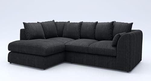 Image of New Fabric Corner Sofa Firm | Soft Jumbo Cord 3-4 Seater Corner Sofa Left/Right Hand Facing) (Black, Left Hand Facing)