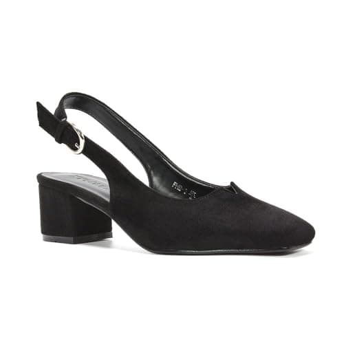 Image of ESSEX GLAM Women's Slingback Court Shoes Ladies Black Faux Suede Square Toe Low Mid Block Heel Evening Classic Pumps Size 6