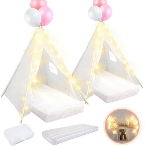 Image of Lemosae 2 Pack Kids Teepee Tent with Mattress,Fitted Sheet,Light String,Washable Natural Cotton Toddler Play Tent for Girls Boys Indoor Outdoor Sleepover Slumber Birthday Party(White)
