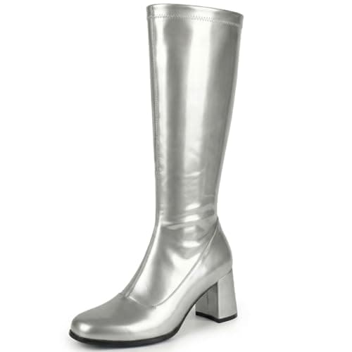 Image of AYZAL Women’s Ladies Fancy Dress 1960'S 70'S Knee high Go Go Boots Retro Block Heel Girls boots (Silver, UK Footwear Size System, Adult, Women, Numeric, Medium, 4)