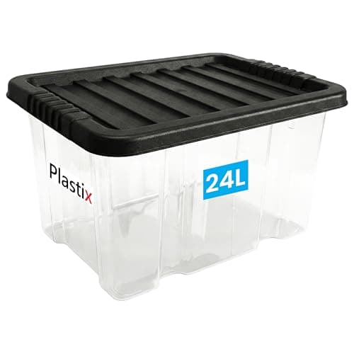 Image of Plastix Clear Plastic Storage Box Boxes With Black Lids Home Office Stackable UK Made (1, 24L)