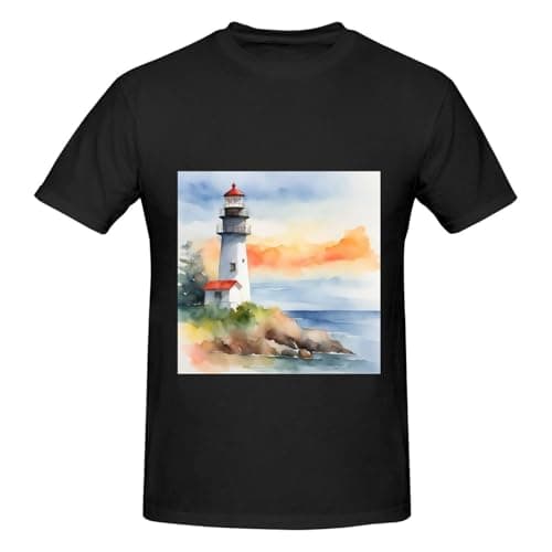 Image of Lighthouse Print Men's Basic Short Sleeve T-Shirt,Classic Essential,Soft Cotton for Family, Friends Black