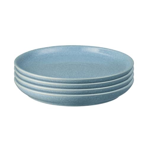 Image of Denby - Elements Medium Blue Coupe Plates Set of 4 - Dishwasher Microwave Safe Crockery 26cm - Blue Ceramic Stoneware Tableware - Chip & Crack Resistant Lunch Plates