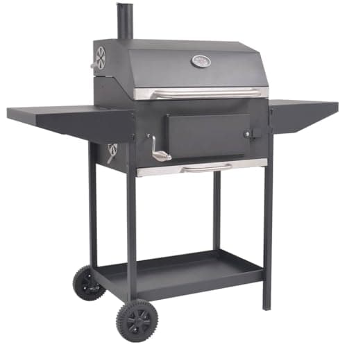 Image of vidaXL BBQ Charcoal Smoker with Thermometer and Bottom Shelf - Portable Grilling and Smoking Outdoor Cooking Equipment with Adjustable Charcoal Tray and Side Tables