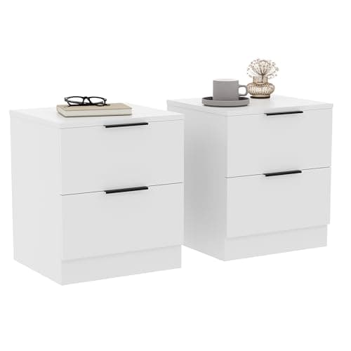 Image of Vida Designs Trega 2 Drawer Bedside Cabinets Set of 2 White - Compact Space-Saving Nightstands - 41H x 39W x 28D cm - Engineered Wood - Glide Drawers, Black Handles - Ideal for Bedroom & Guest Room