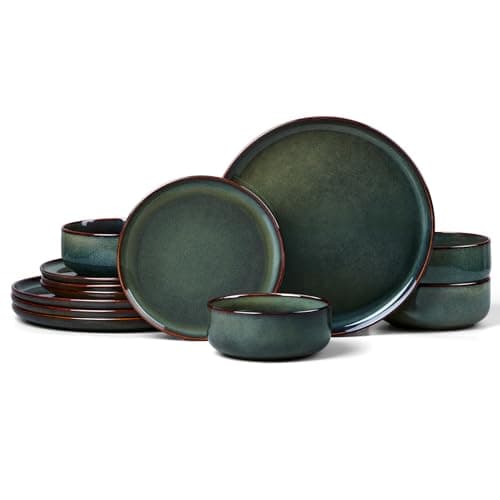 Image of HaWare 12 Piece Dinner Set, Stoneware Dinnerware Service for 4, Reactive Glaze Dining Ware Include Plates and Bowls, Chip and Scratch Resistant, Microwave & Dishwasher Safe, Moss Green