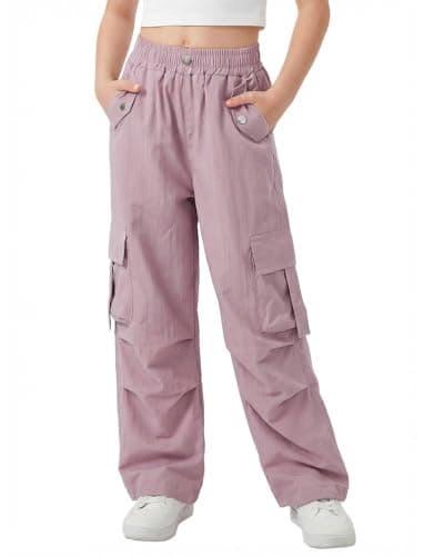Image of JiAmy Girls Cargo Trousers, Wide Leg Elastic Waist Casual Baggy Trousers Stretch Dance Joggers Y2k Kids Pants for 11-12 Years, Pink