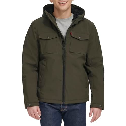 Image of Levi's Men's Soft Shell Two Pocket Hooded Trucker Jacket Insulated, Olive/Sherpa Lined, L