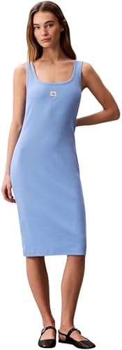 Image of Calvin Klein Women's Sl Baby Rib Woven Label Square N LV047F257G Dresses, Blue, M