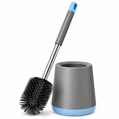 Image of Premium Silicone Toilet Brush and Holder Set for Bathroom – 360° Flexible Non-Scratch TPR Bristles with Detachable Drip Tray - Hygienic Under-Rim Deep Cleaner - Sleek Grey and Blue Design