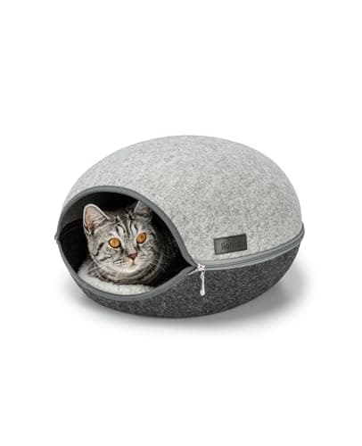 Image of lionto Cat cave made of robust felt, cozy cuddly cave with zipper for cats, 46x38x24 cm, comfortable and modern cat bed with soft and washable cushion, grey